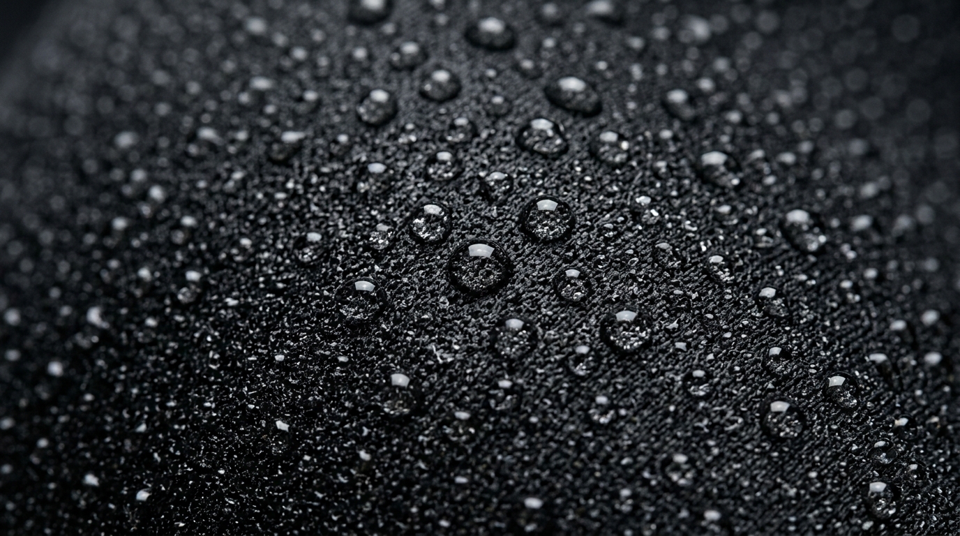 Macro close-up de gouttelettes d'eau salée sur du néoprène noir texturé