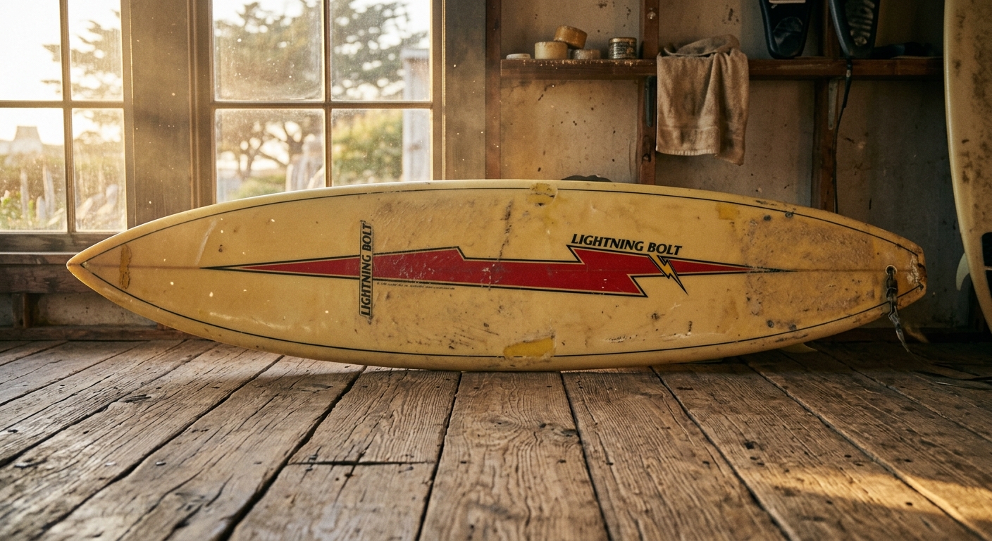 Planche surf vintage Lightning Bolt années 70 posée sur parquet ancien