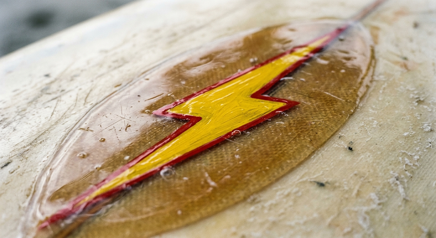 Logo Lightning Bolt incrusté dans la résine d'une planche de surf vintage