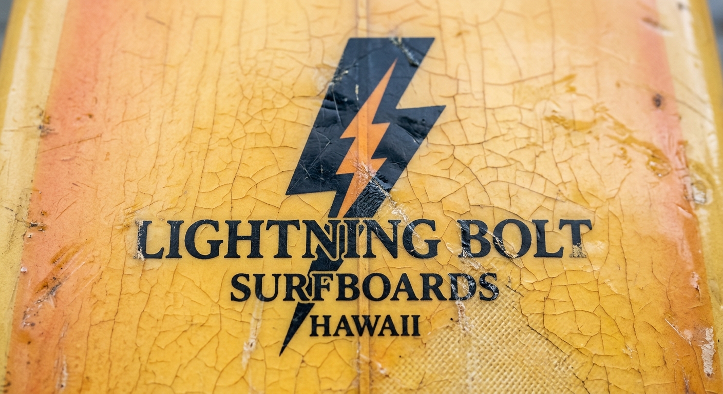 Gros plan sur le logo Lightning Bolt sous résine d'une planche vintage