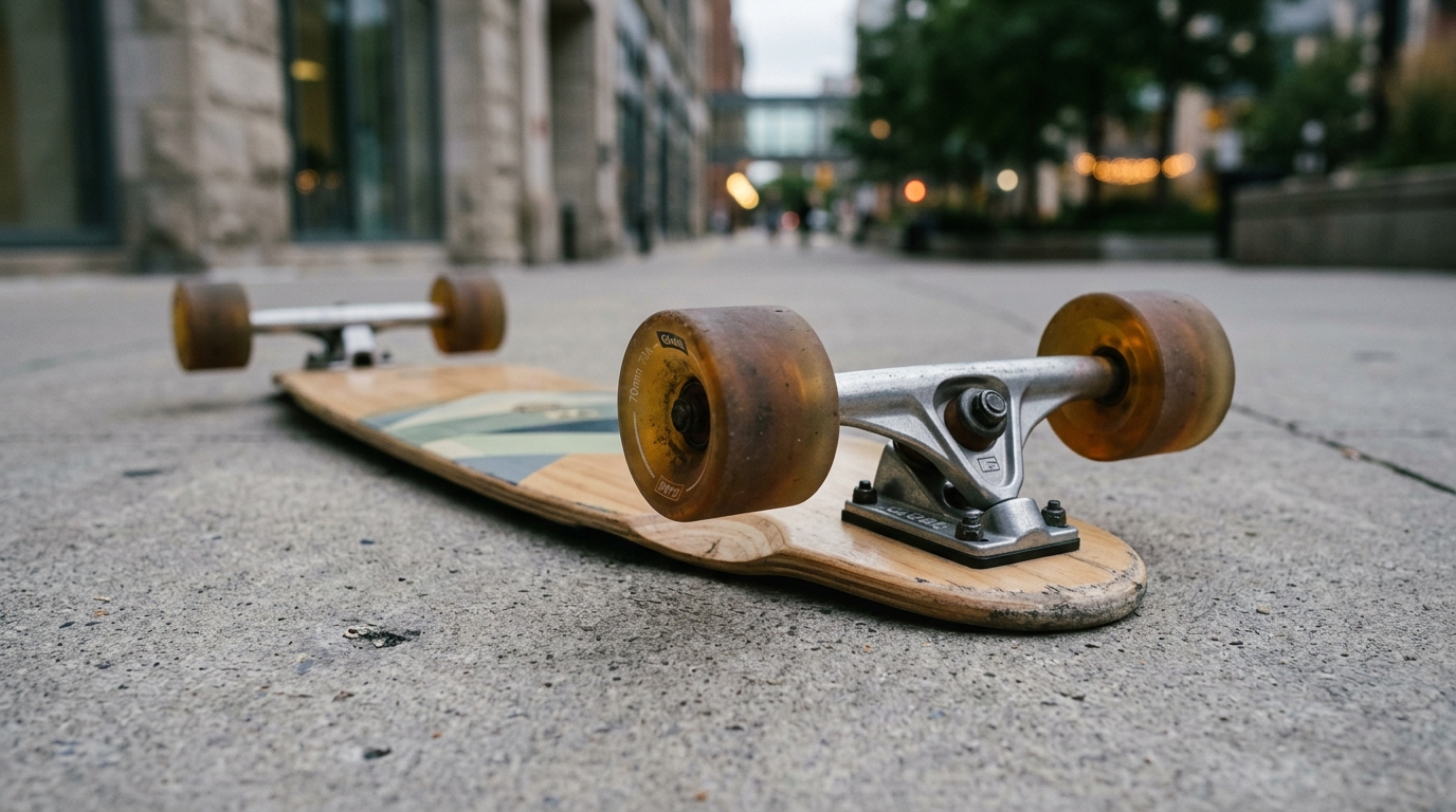 Longboard débutant avec détail des roues souples et des trucks