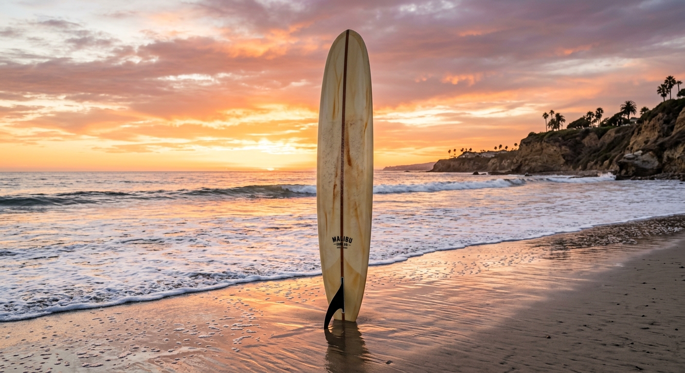 Longboard de surf classique mono-aileron plante dans le sable, ambiance Californie