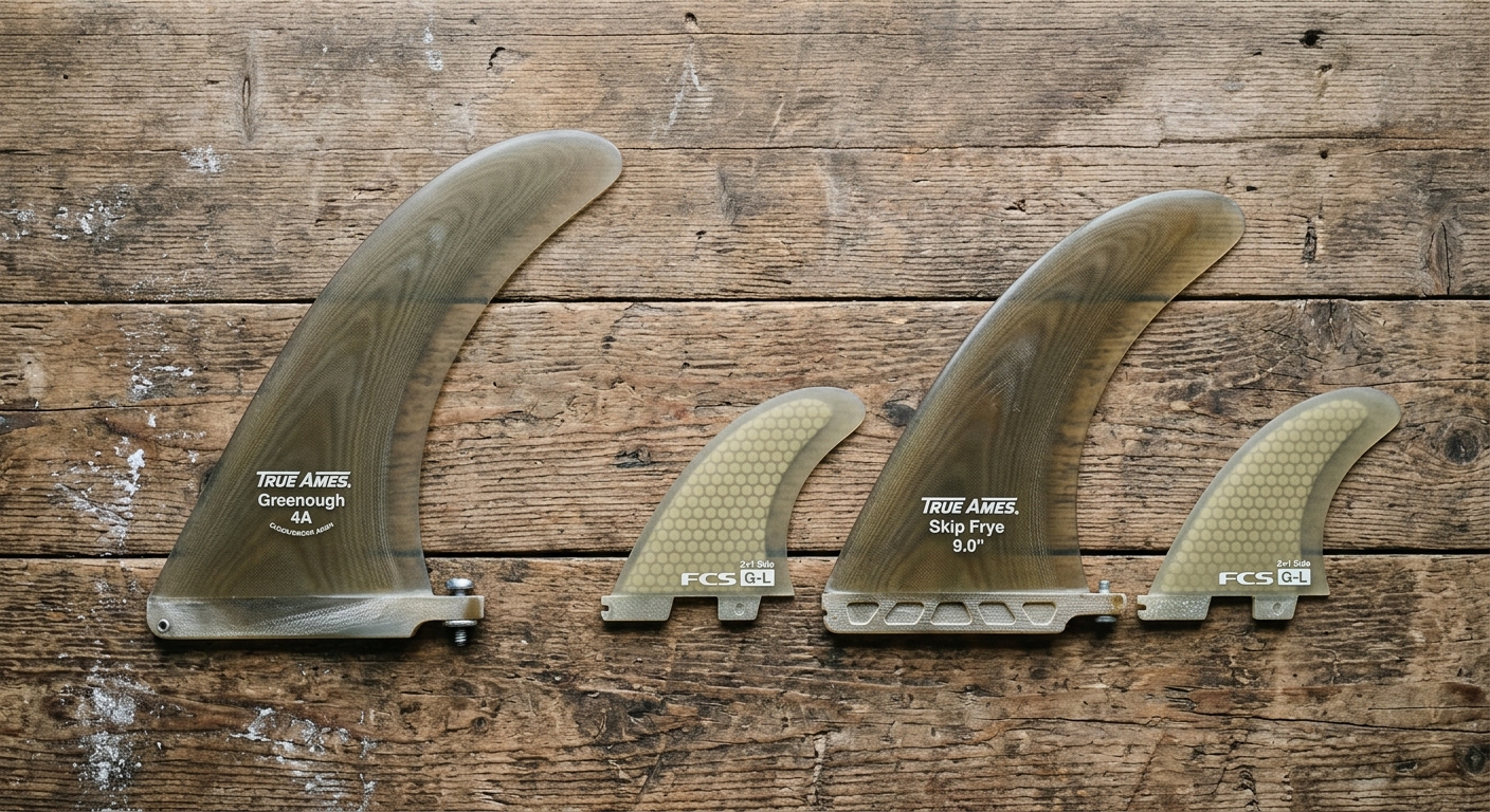 Vue de dessus a plat: comparaison ailerons longboard mono-aileron et 2+1 sur bois