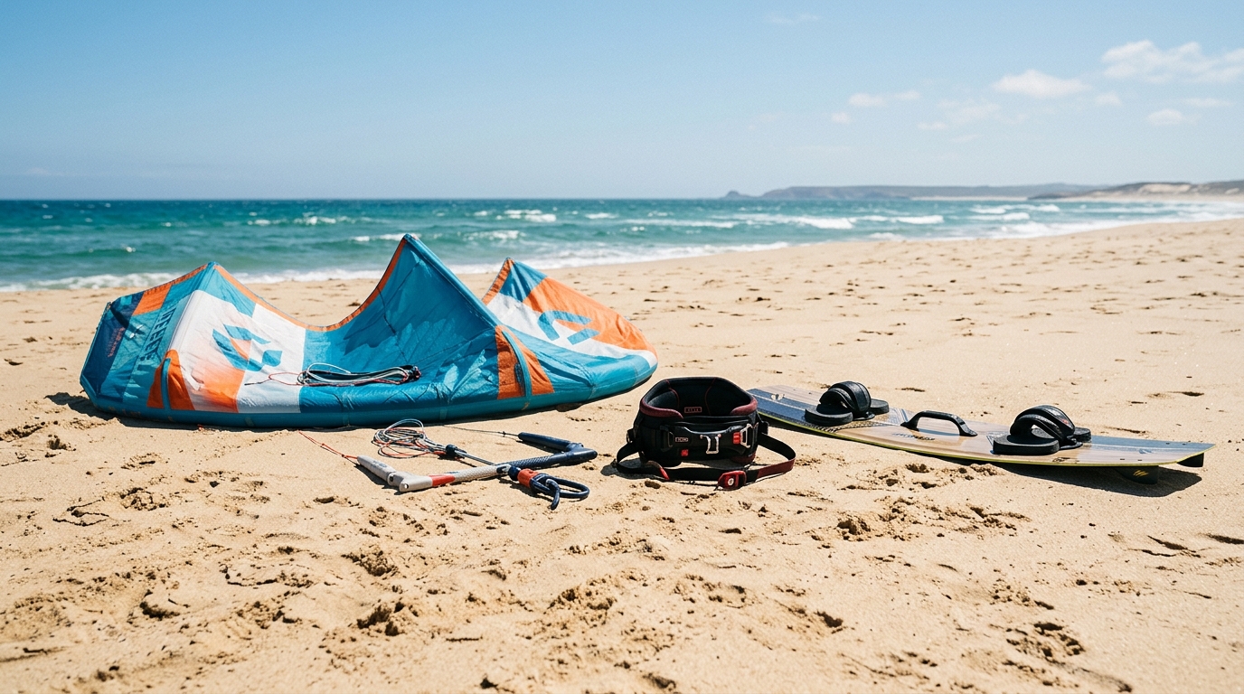 Matériel de kitesurf complet aile barre harnais et board sur la plage