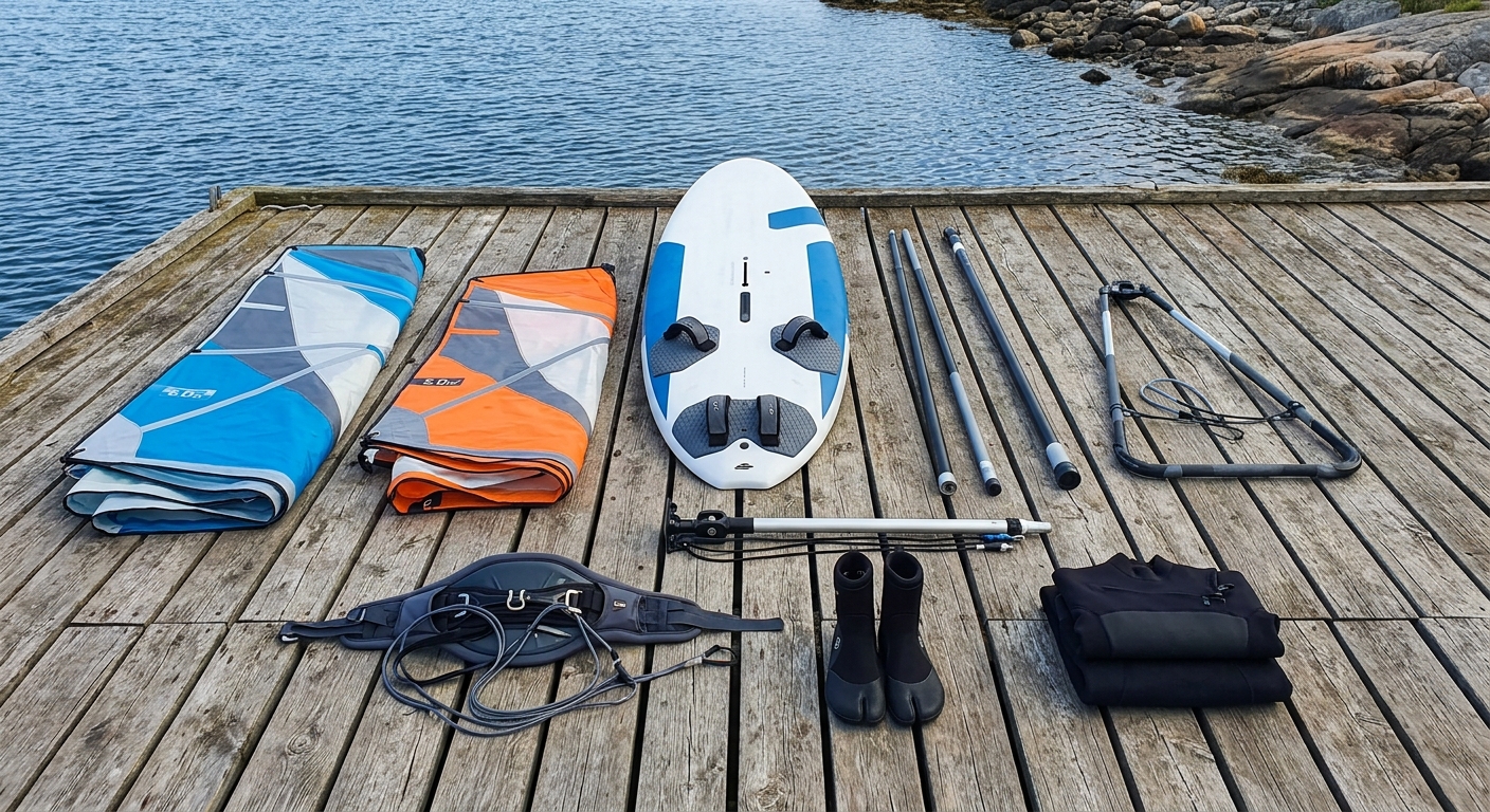 Setup matériel planche à voile complet planche voile mât wishbone harnais