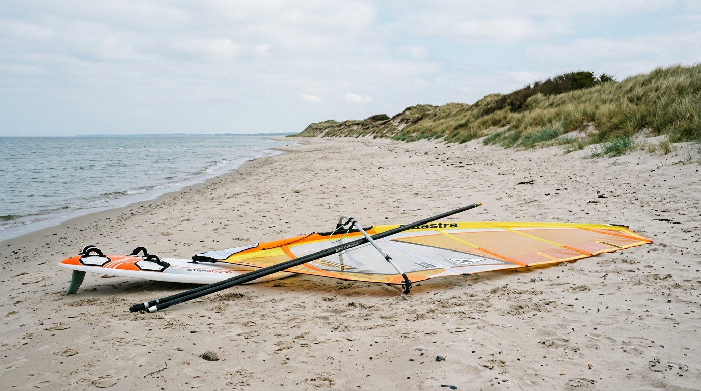 Matériel de planche à voile planche voile mât et wishbone posés sur le sable