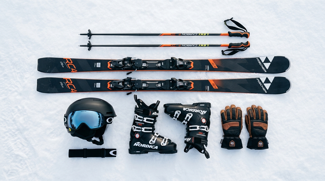 Matériel de ski alpin disposé sur la neige skis bâtons chaussures et casque