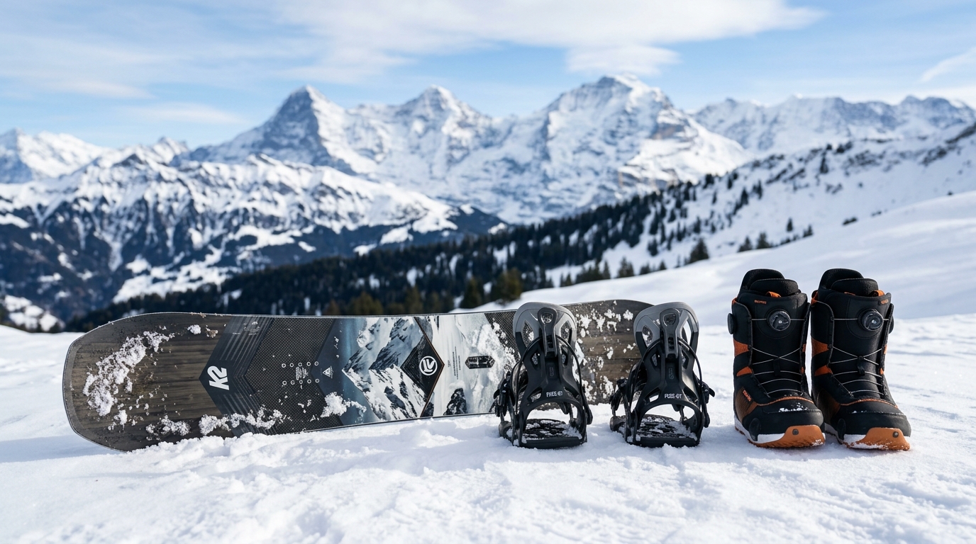 Planche fixations et boots de snowboard alignées sur la neige