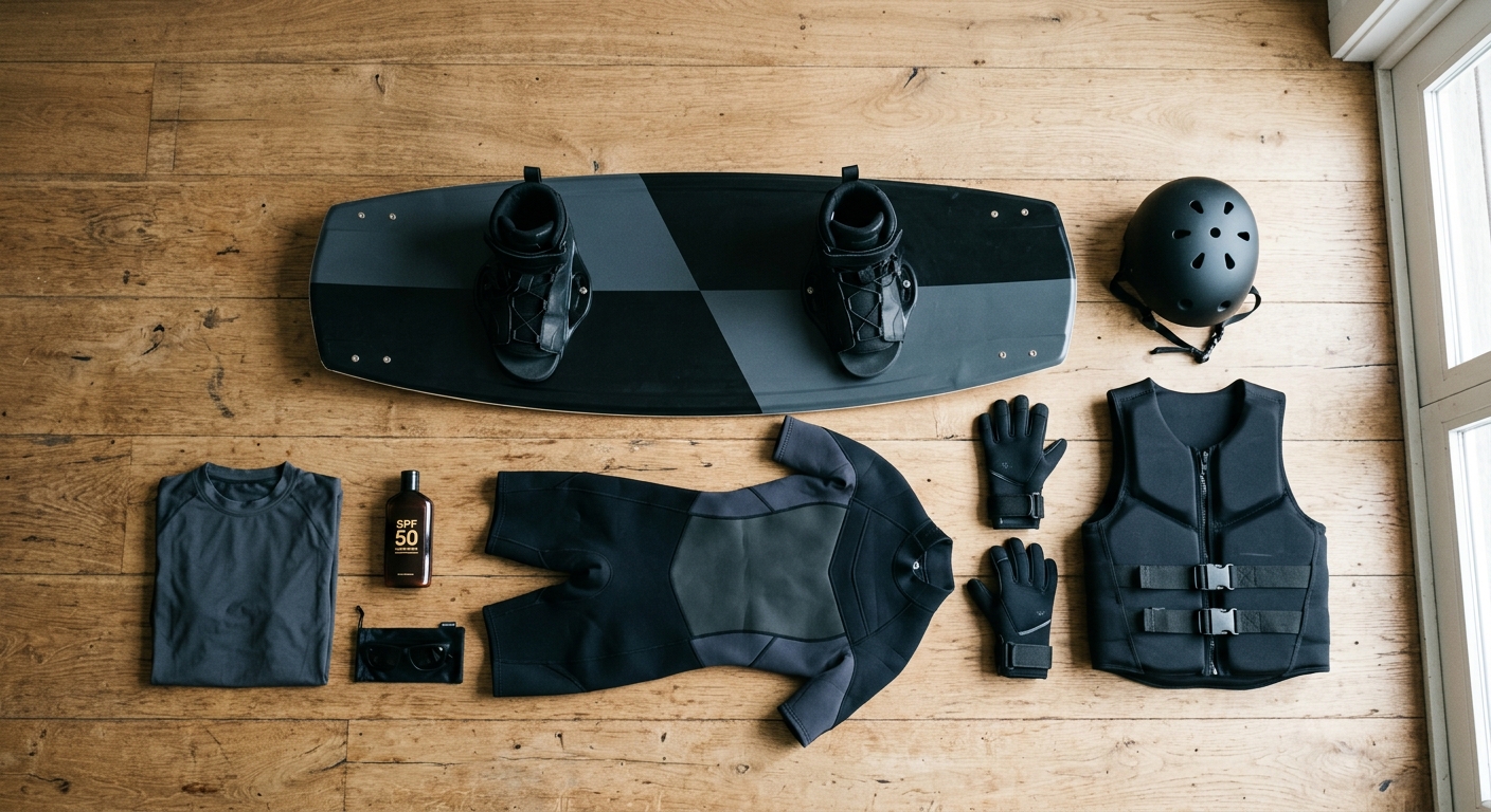 Setup matériel wakeboard complet planche bindings gilet casque combinaison