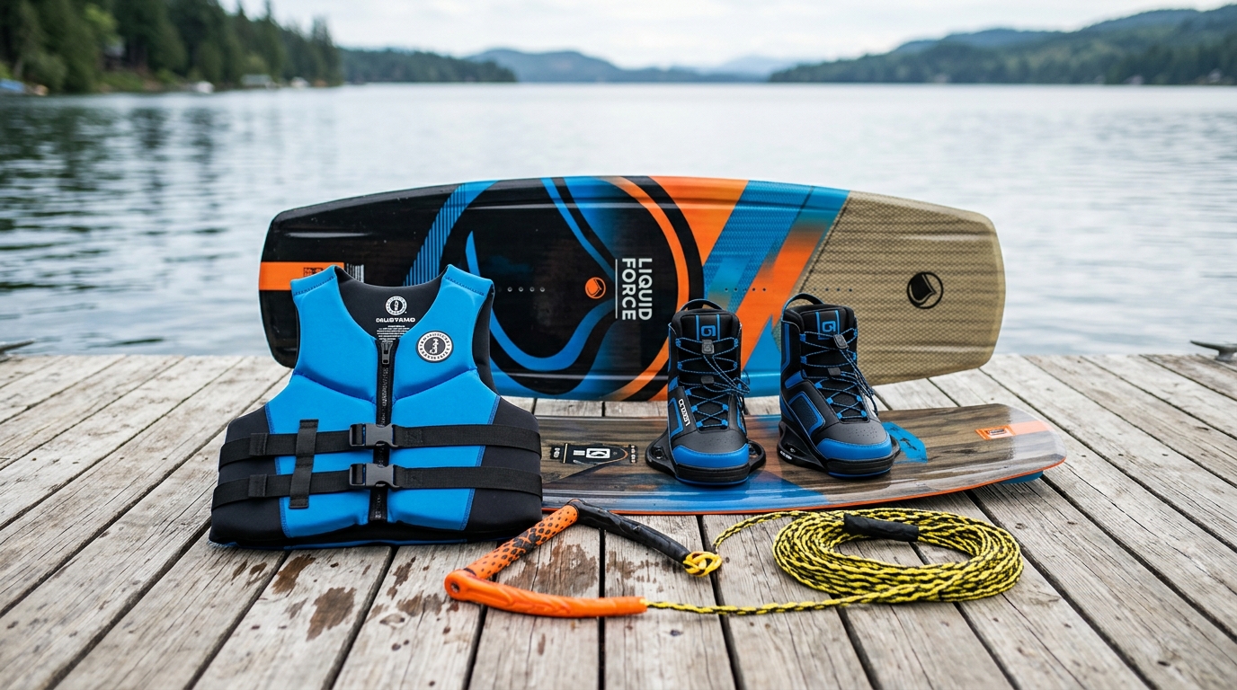 Matériel wakeboard planche fixations gilet et palonnier disposés sur un ponton