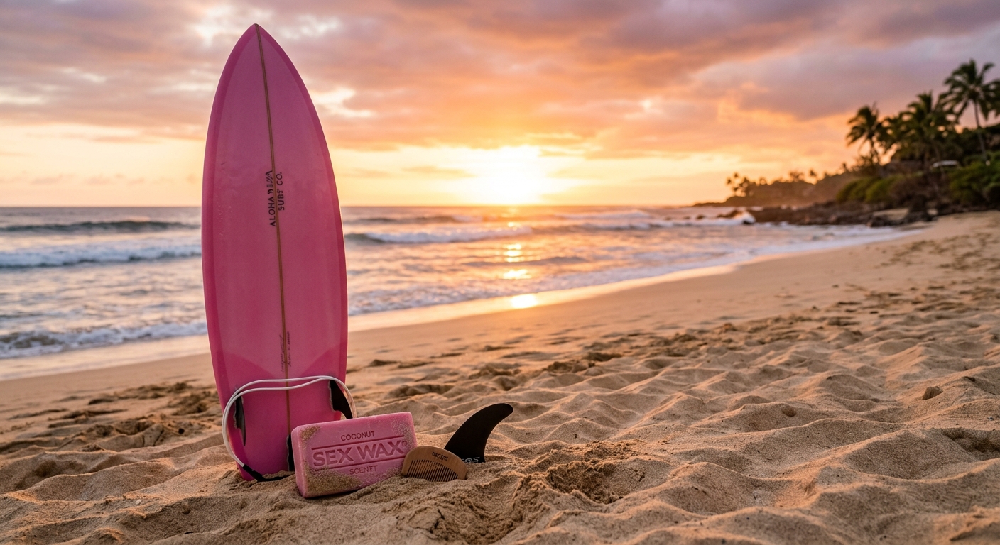 Planche de surf rose plantée dans le sable au coucher de soleil avec wax