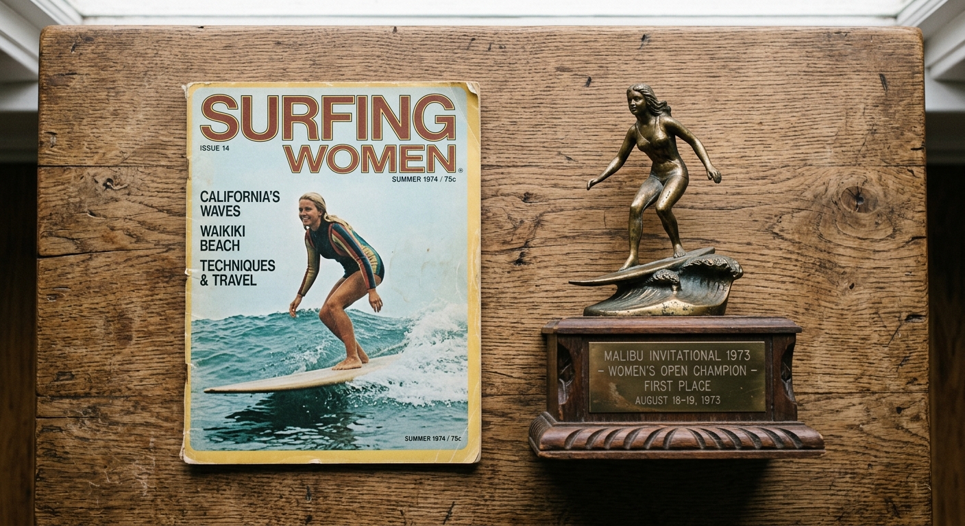 Magazine de surf feminin vintage et trophee de competition