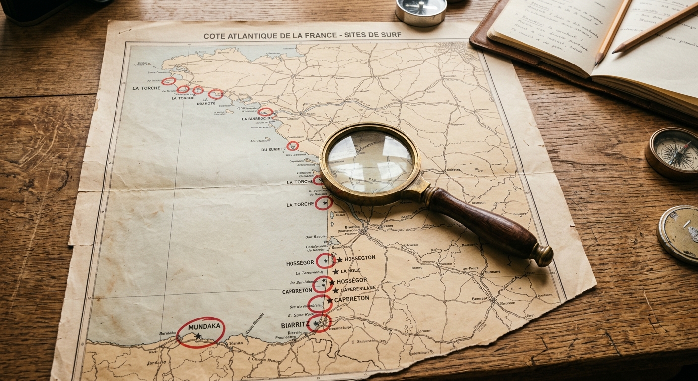 Carte de la côte française avec spots de surf et loupe en flat lay