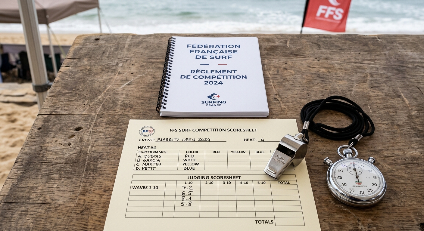 Reglement, sifflet, feuille de score et chronometre pour une competition de surf