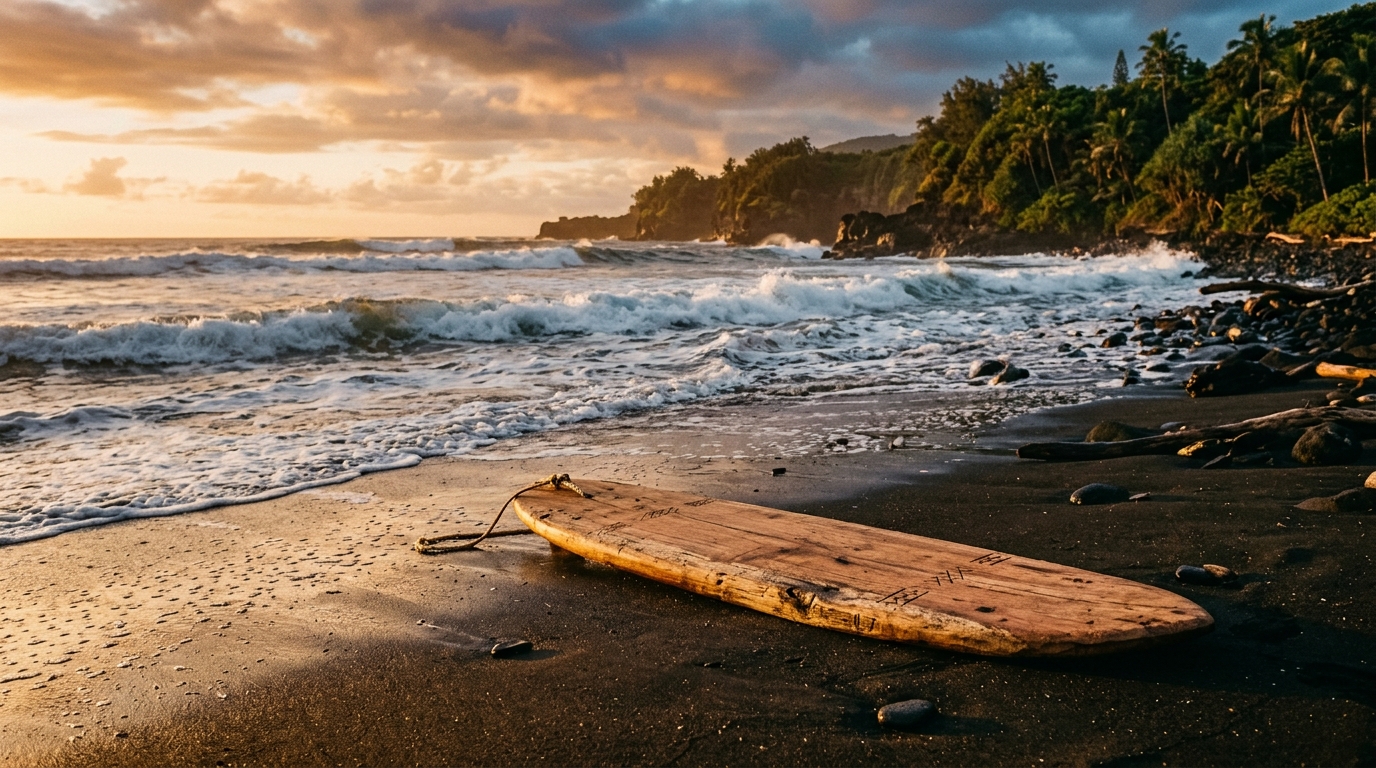 Planche de surf en bois traditionnelle sur une plage des origines
