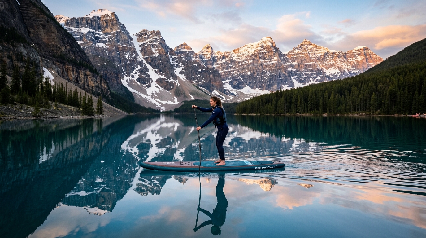 Pratiquant de stand up paddle sur un lac de montagne au lever du soleil
