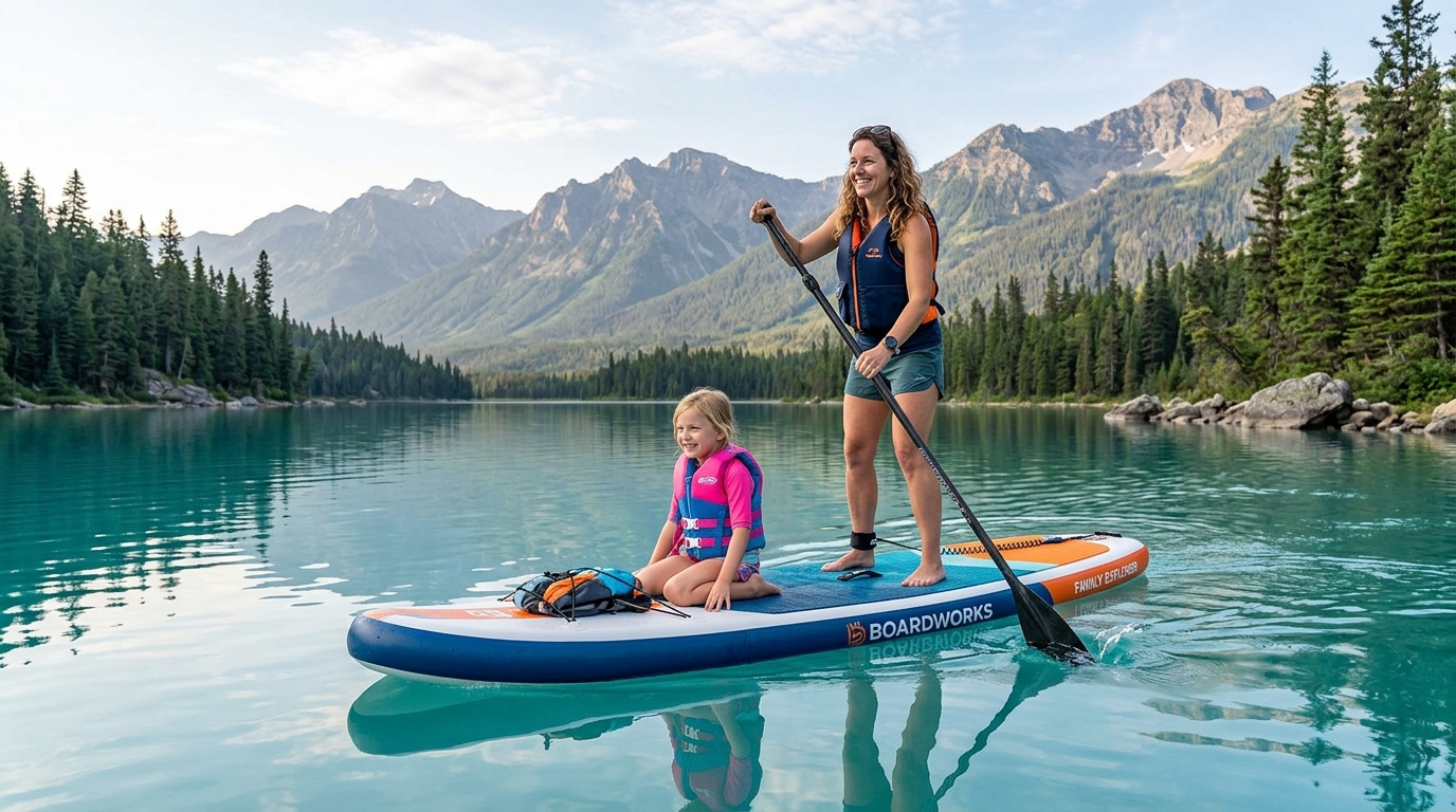 Adulte et enfant sur un paddle gonflable 2 personnes sur un lac calme