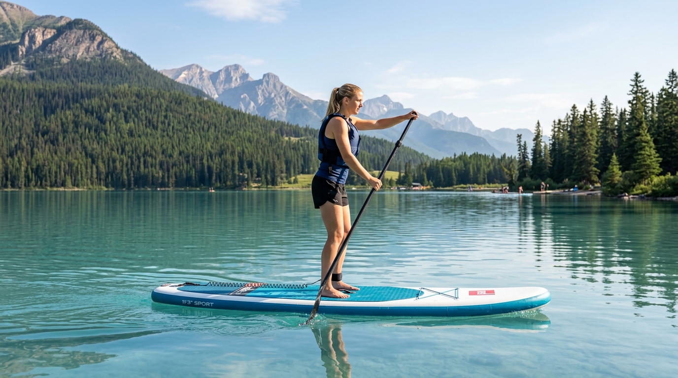 Personne pratiquant le stand up paddle sur un paddle gonflable, lac calme
