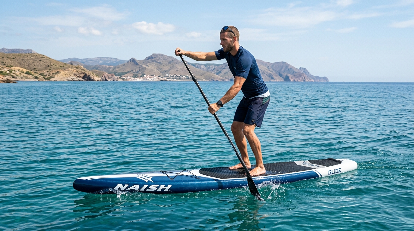 Pratiquant pagayant sur un paddle rigide en mer