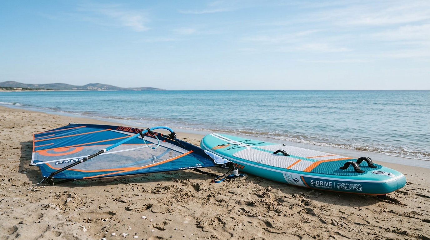 Planche à voile gonflable posée gonflée sur la plage avec sa voile