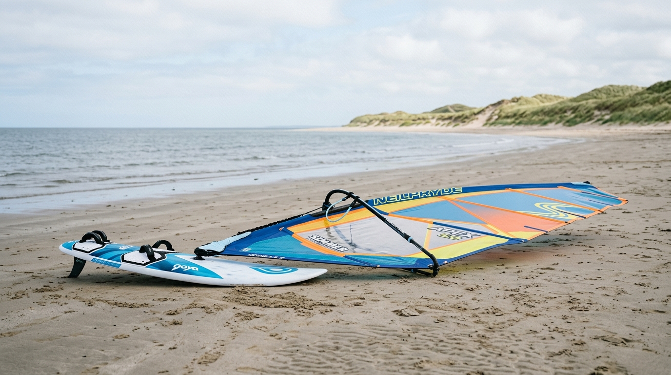 Gréement complet de planche à voile posé sur le sable de la plage