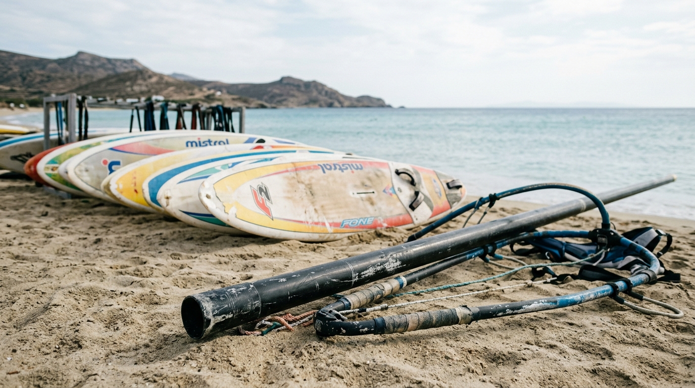 Planches à voile d occasion alignées avec détail du mât et du wishbone