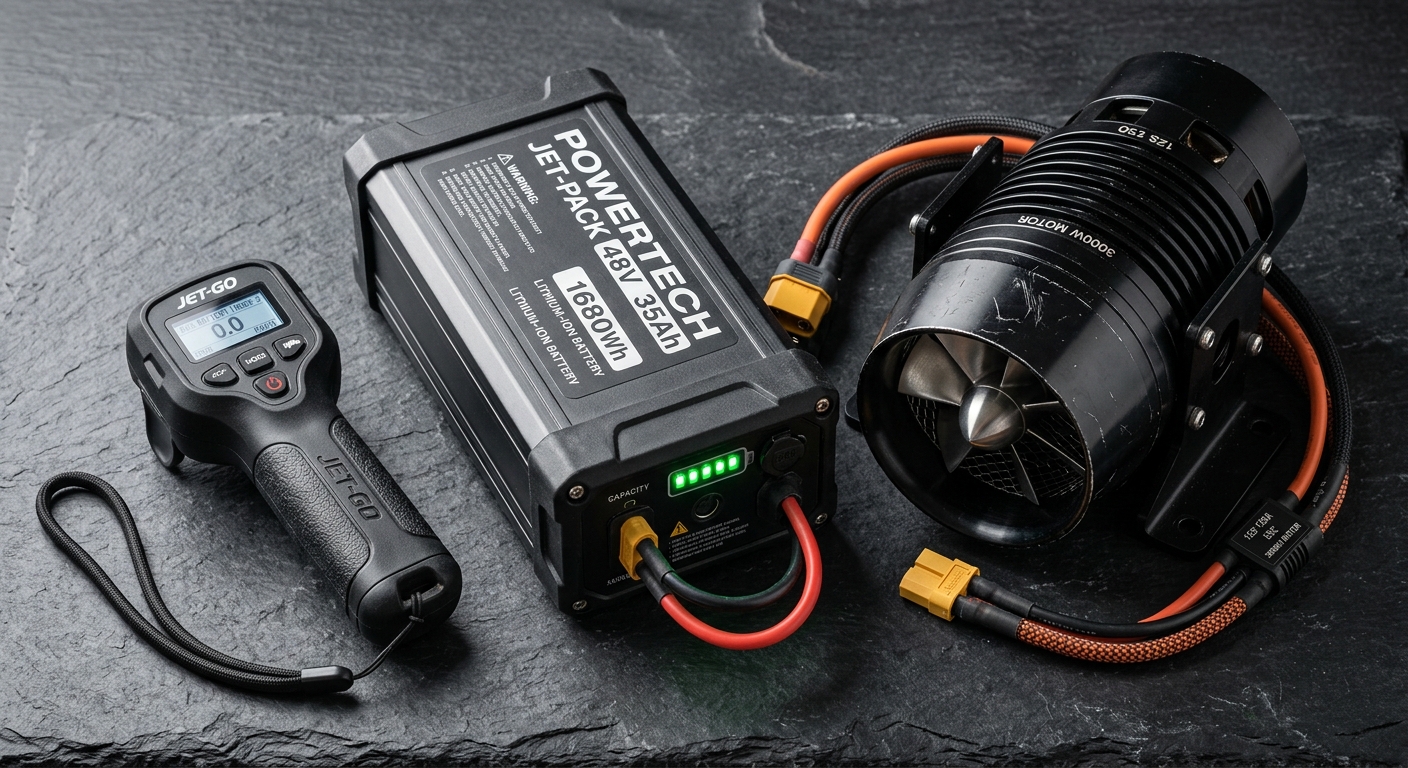 Close-up du moteur, batterie et télécommande sans-fil d'un jetboard