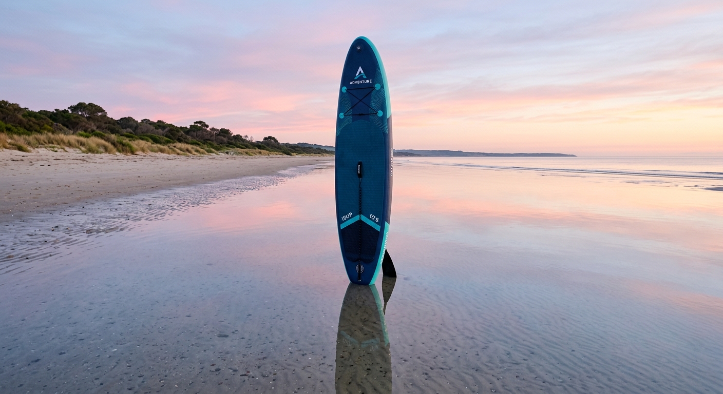 Planche de surf gonflable sur eau calme à l'aube