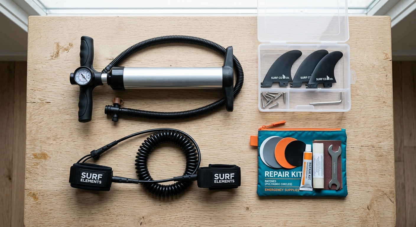 Flat lay accessoires planche gonflable : pompe, leash et boîte de dérives
