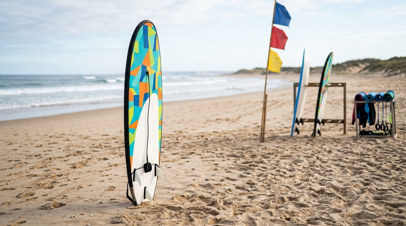 Planche de surf en mousse softboard colorée debout dans le sable