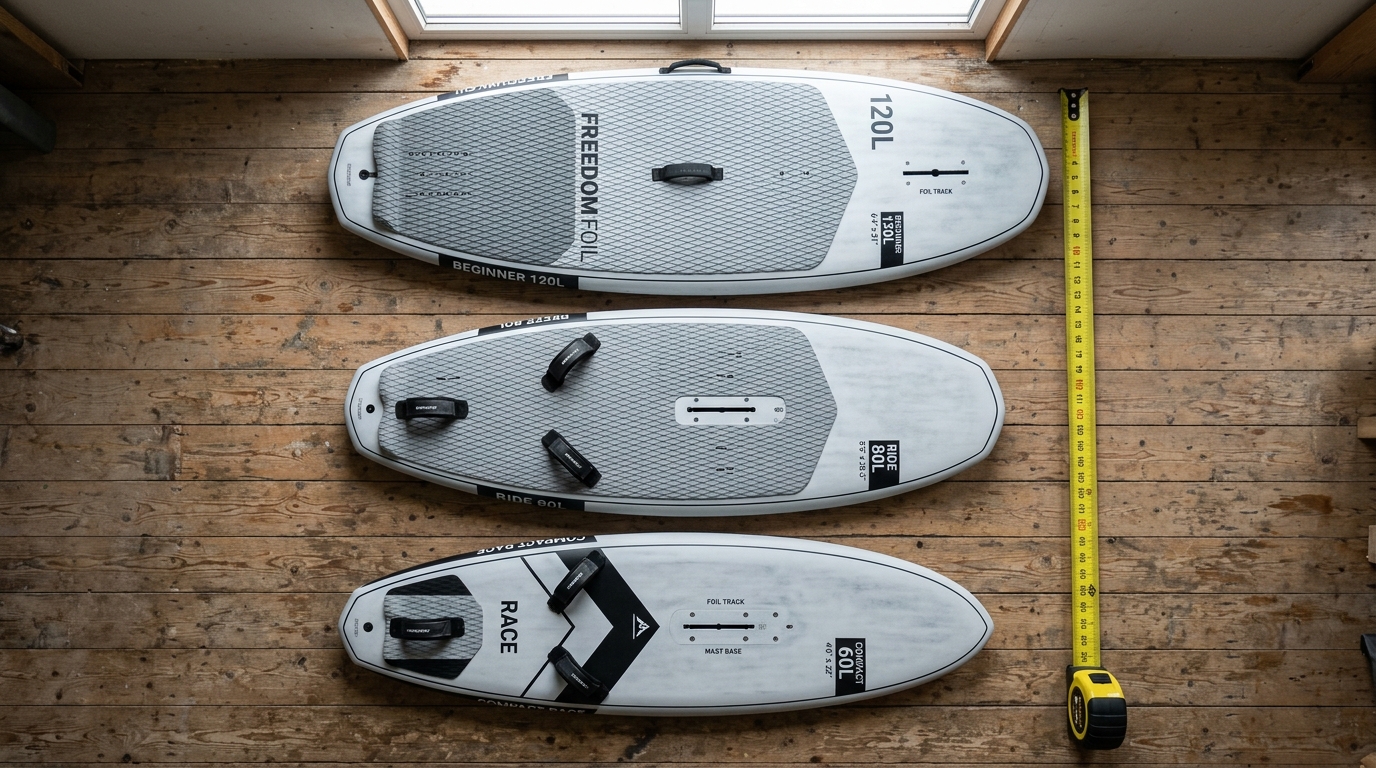 Trois planches de wing foil de tailles differentes alignees sur un sol en bois clair, vue de dessus