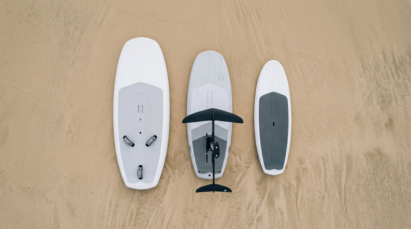 Trois planches wing foil flat lay sur sable atlantique, différents volumes et programmes