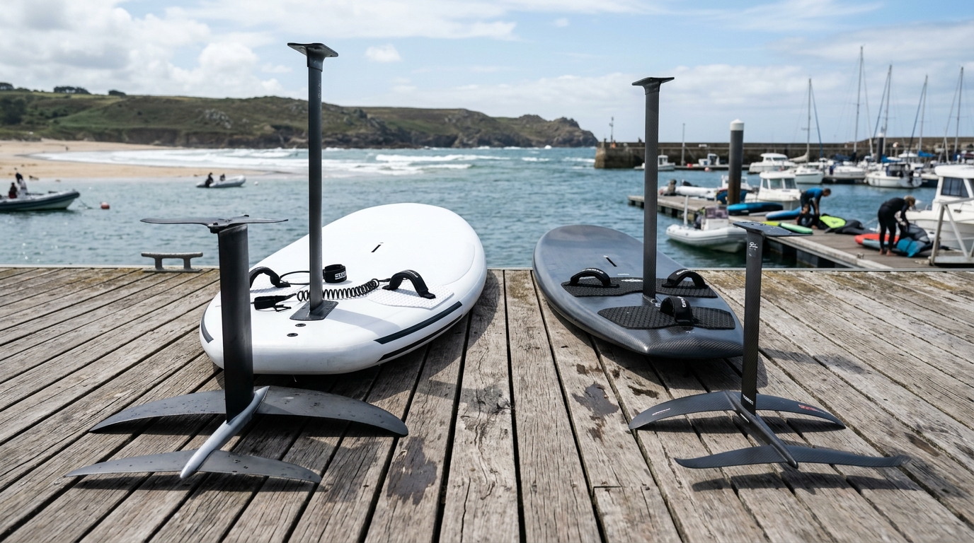 Comparatif visuel planche wing foil débutante 150 L et planche race courte 70 L