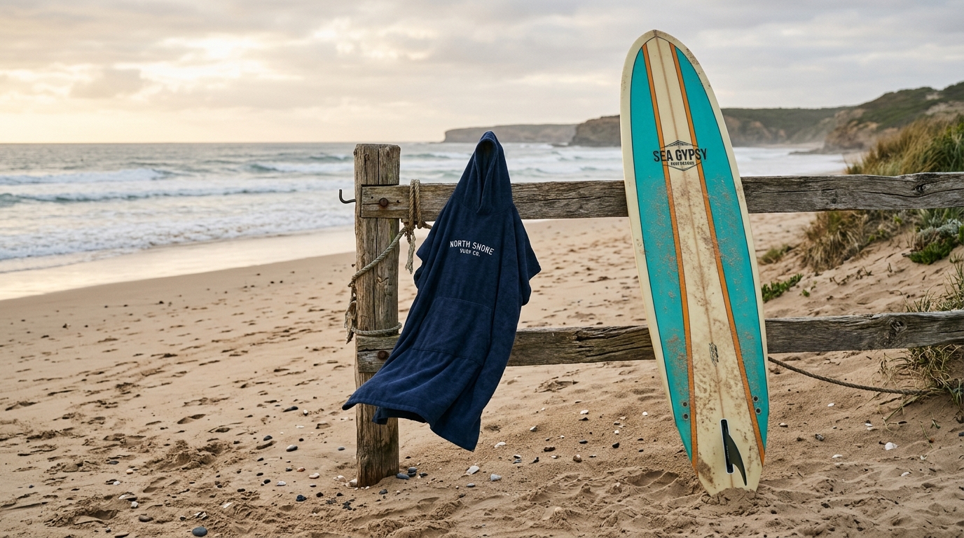 Poncho de surf suspendu près d'une planche sur une plage de sable