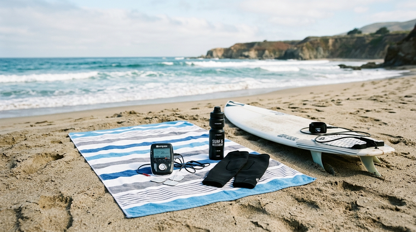 Appareil d'électrostimulation et matériel de récupération près d'une planche de surf