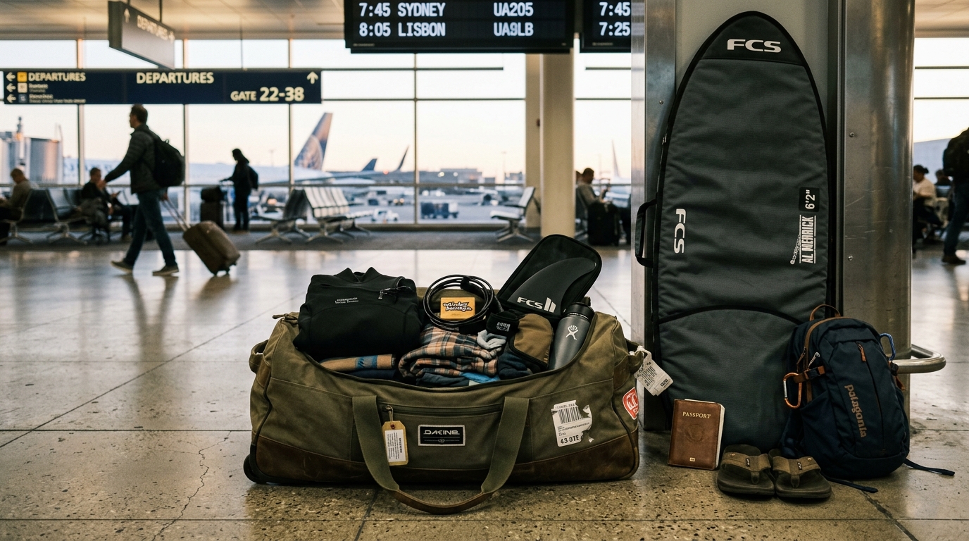Sac de voyage ouvert et housse de planche prêts pour un surf trip