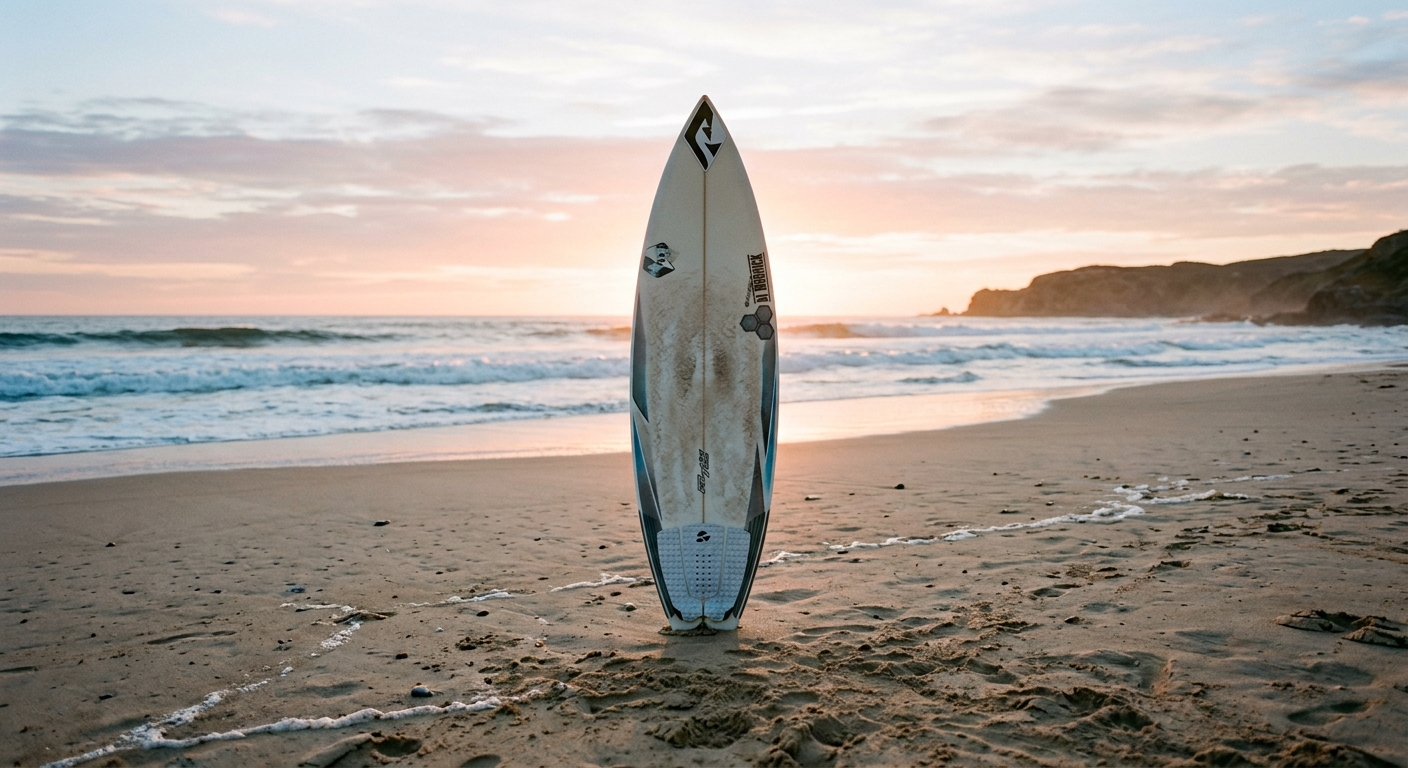 Shortboard de surf moderne plante dans le sable a l aube sur la plage