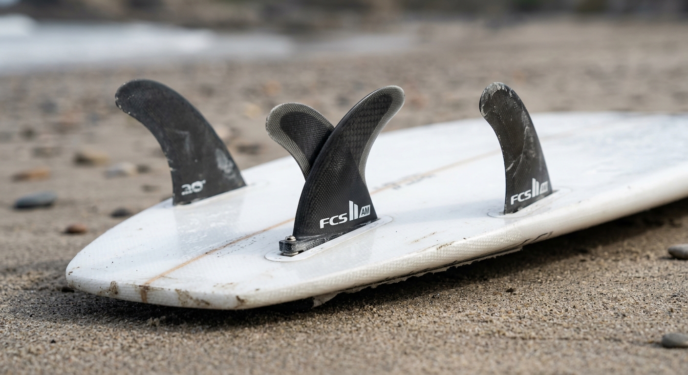 Gros plan macro: ailerons thruster et tail rocker d un shortboard