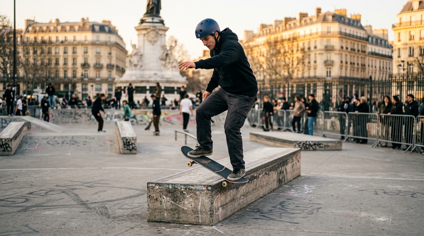 Skateboardeur en plein grind sur ledge à EGP18 Paris République