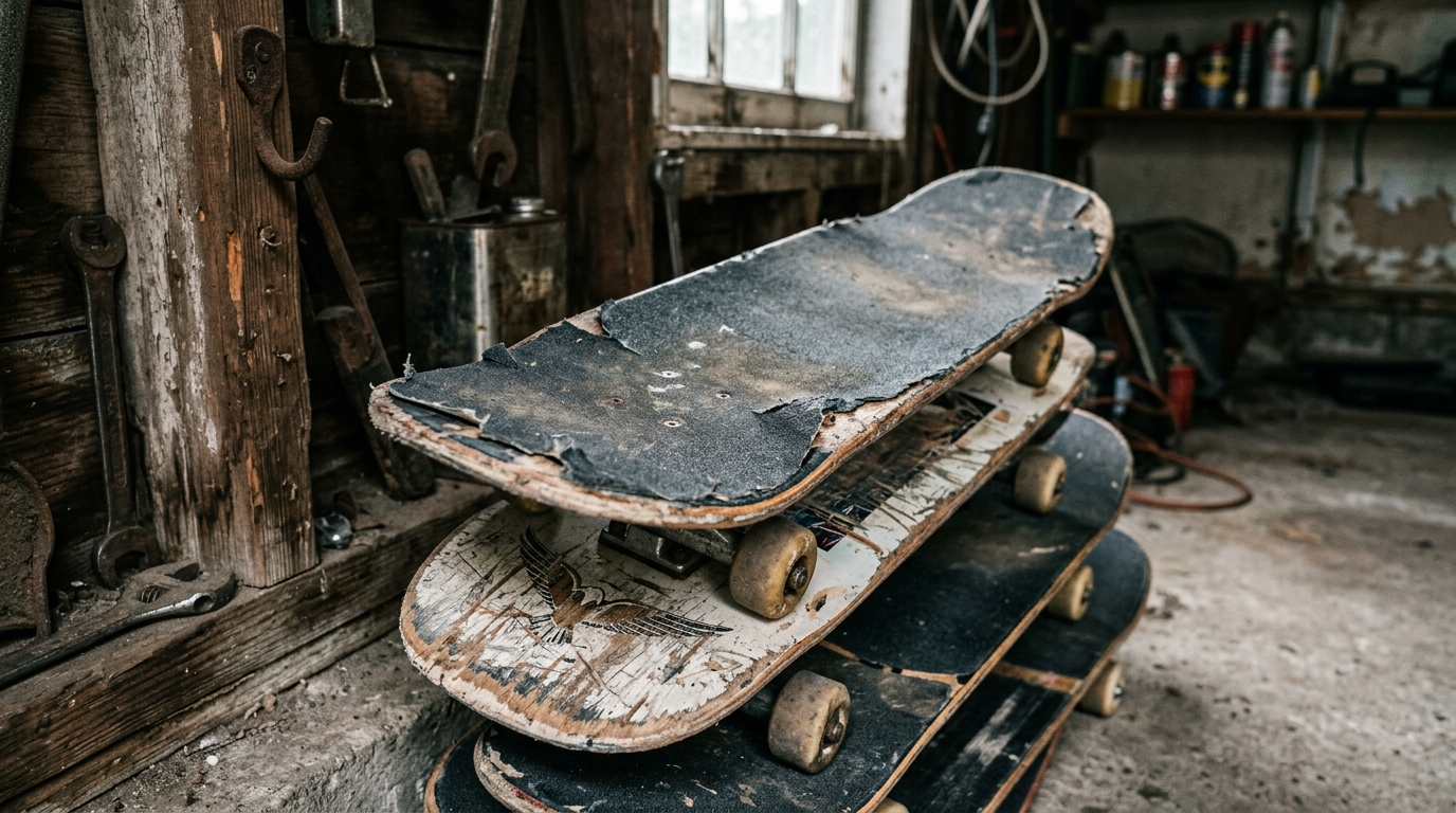 Skateboards d'occasion avec détail d'un deck usé et grip abîmé