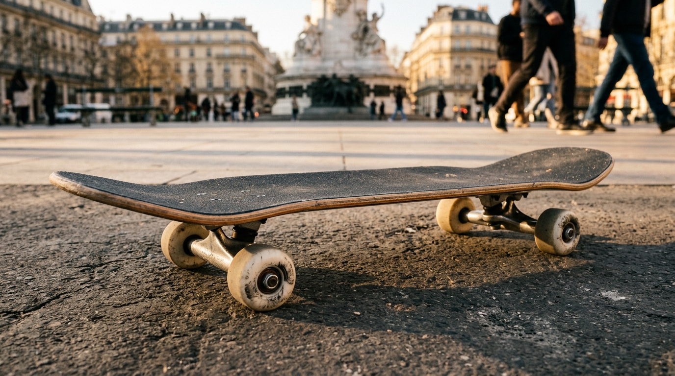 Skateboard street complet posé sur asphalte urbain à Paris