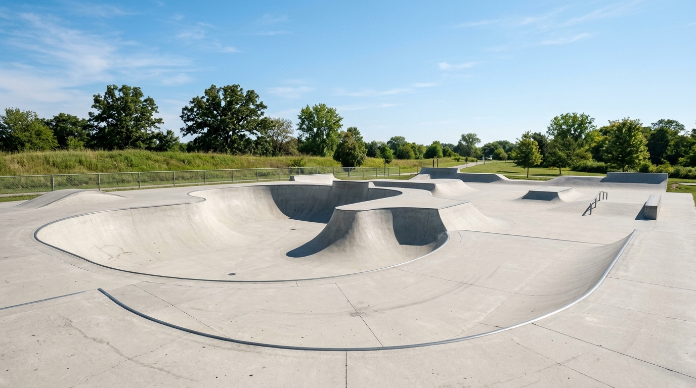 Skatepark vide avec rampes et modules en béton sous ciel dégagé