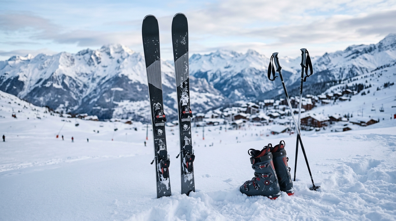 Paire de skis all-mountain plantés dans la neige avec chaussures et bâtons