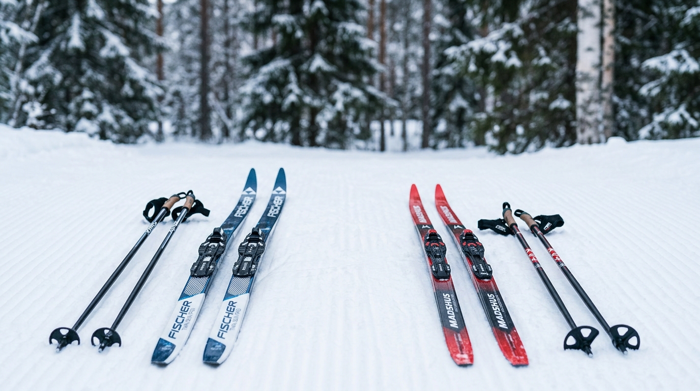 Deux paires de skis de fond classique et skating comparées côte à côte sur neige