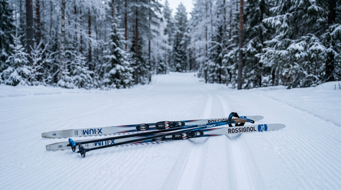 Skis de fond posés sur une piste damée nordique aux traces parallèles