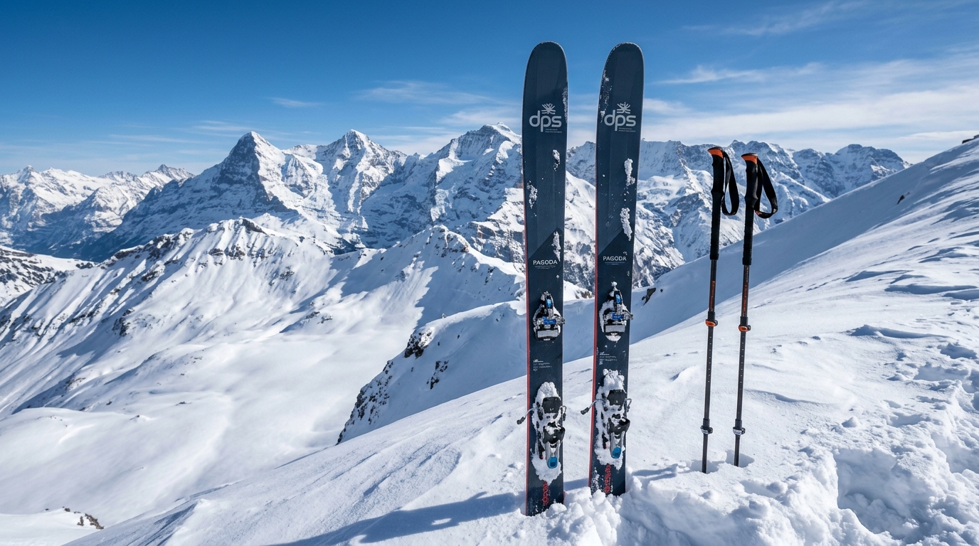 Skis de randonnée avec peaux de phoque plantés dans la neige de montagne