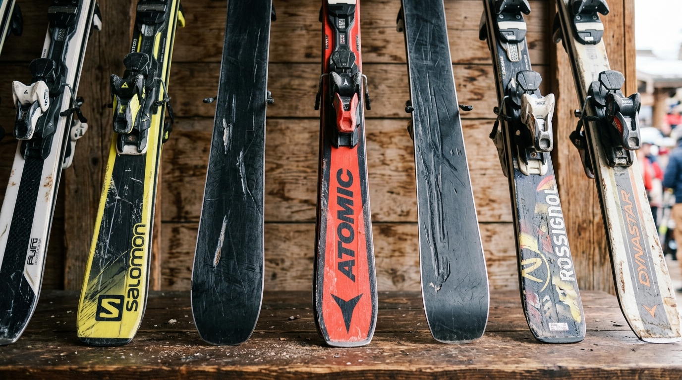 Skis d'occasion alignés avec détail des semelles et carres légèrement usées
