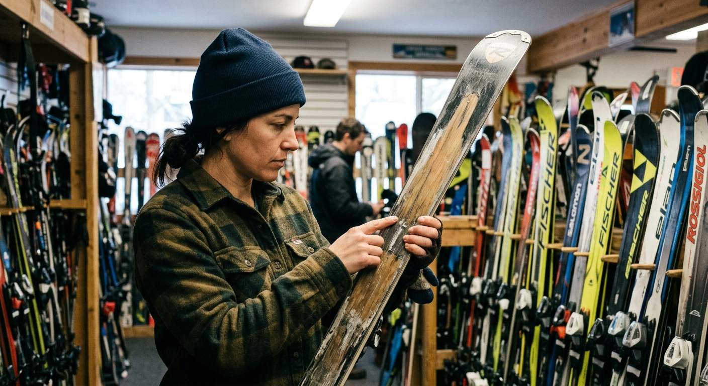 Inspection des carres et de la semelle d'un ski d'occasion