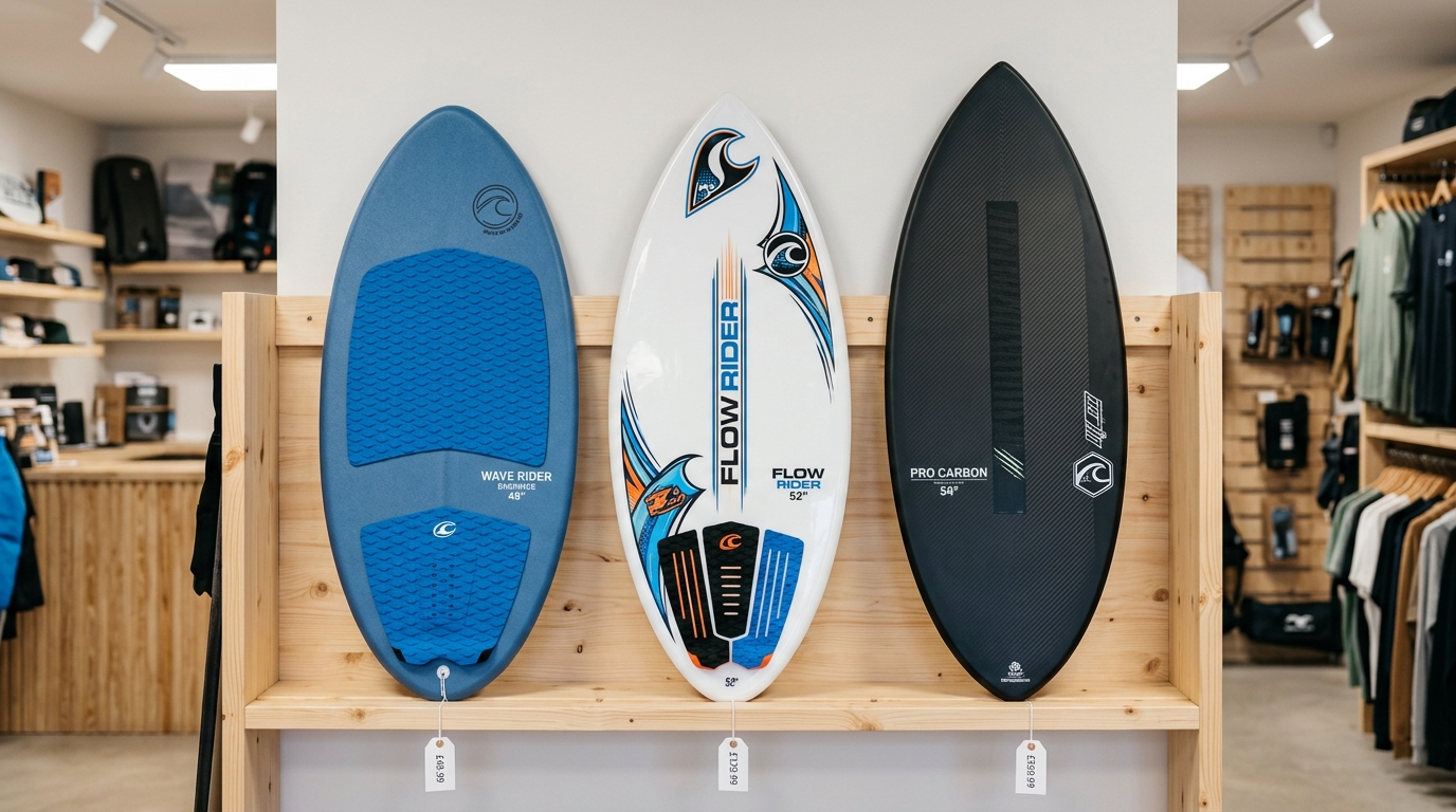 Gamme de skimboards Decathlon Olaian alignes sur une etagere de magasin, vue de face