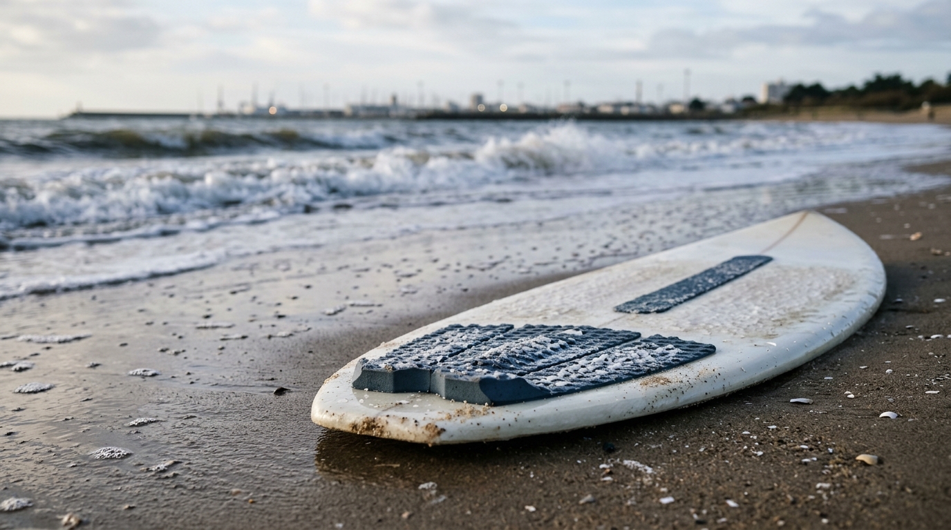 Skimboard fibre époxy posé sur sable mouillé à Saint-Nazaire
